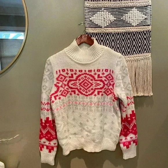 GAP TRIBAL PATTERN PINK HIGH NECK ALPACA WOOL SWEATER NWT SOZE MEDIUM - Picture 2 of 7